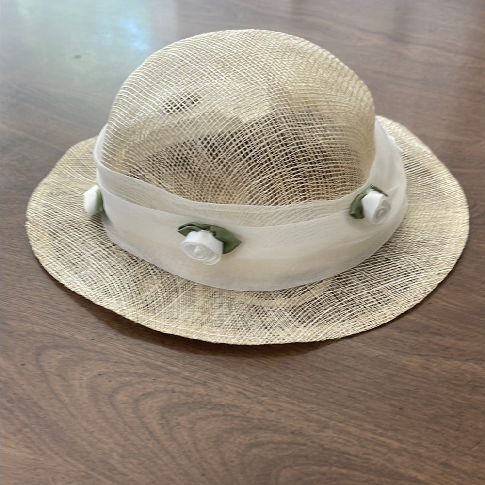 Child’s Elegant Cream Sisal Hat with Floral Accents- wedding- sun hat -beach hat